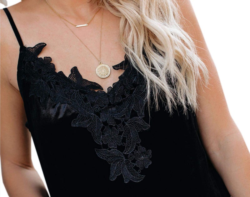 lime flare Women Sexy Sparkle Crushed Lace Trim Cami Tank Top Silk Satin Velvet Camisole Shirt (Black Velvet,L) - Image 5
